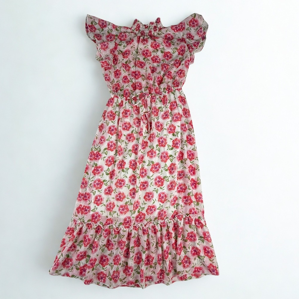 Stella & Julie Floral Ruffle Midi Dress Pink Green Size 8 Romantic Cottagecore